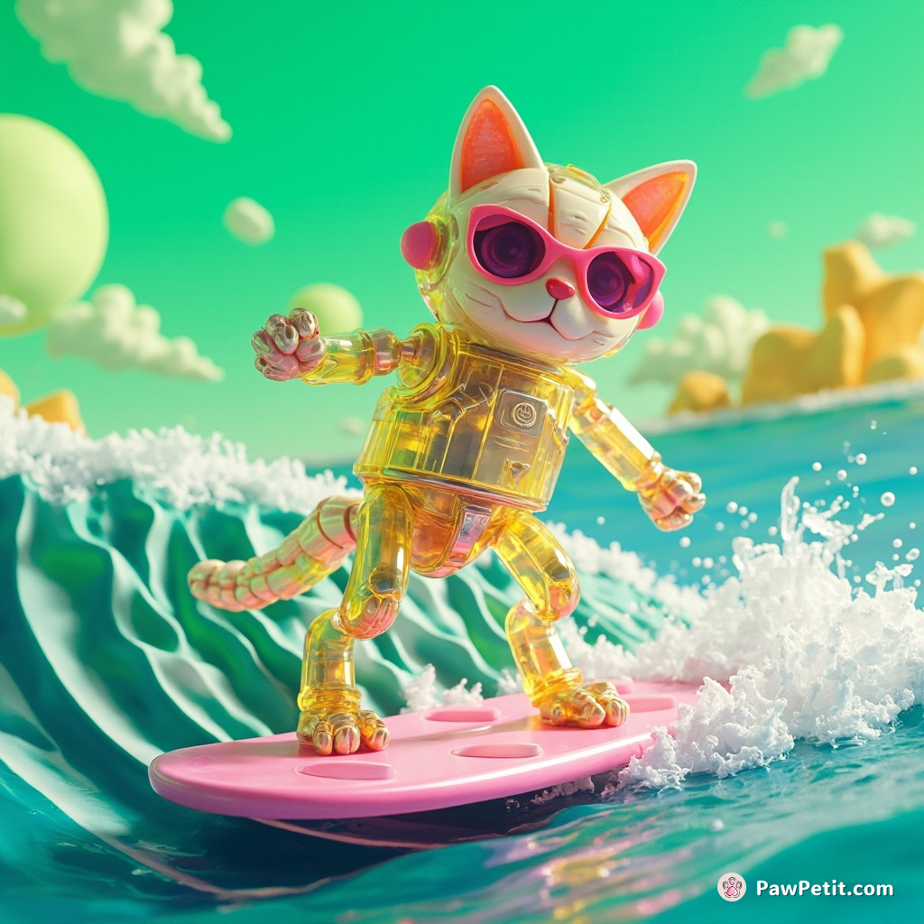 A cybernetic cat made of translucent crystals, surfing an ocean wave on a slice of giant, neon swiss cheese under a green Martian sky.