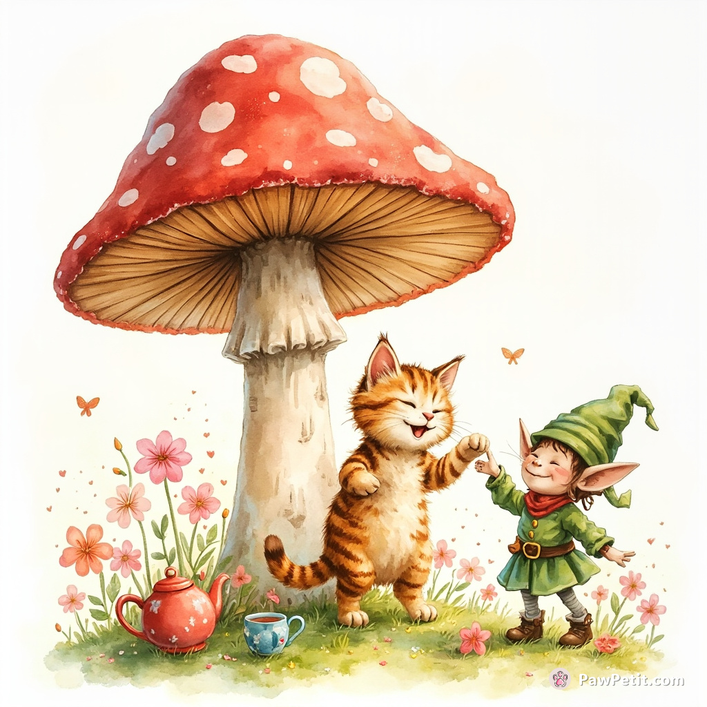 A cat cheerfully dancing with a goblin at a tea party under a giant, multicolor mushroom.