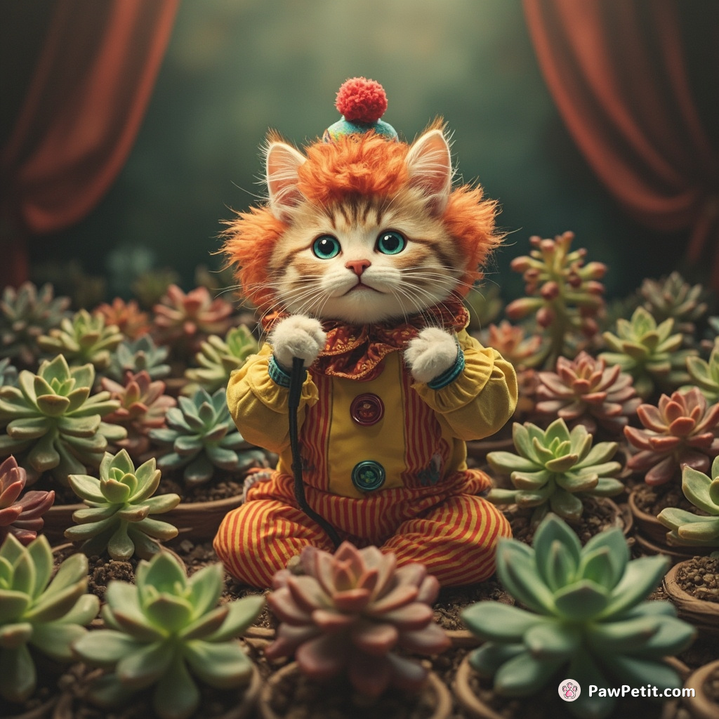 Cat performing a stand-up comedy in clown attire to an audience of puzzled succulent plants.