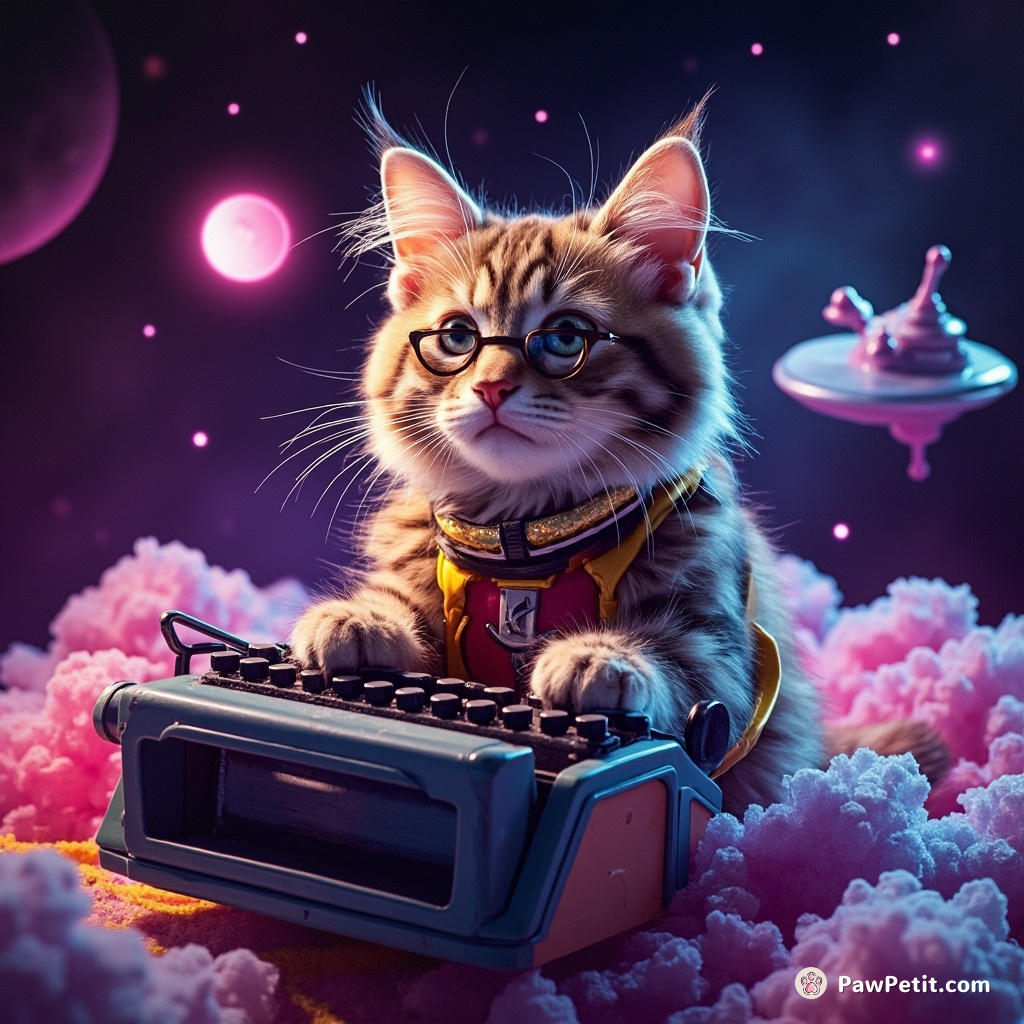 Captain Whiskers, perched atop a cosmic typewriter, types commands to launch the galaxy's first cheese-powered spaceship.
