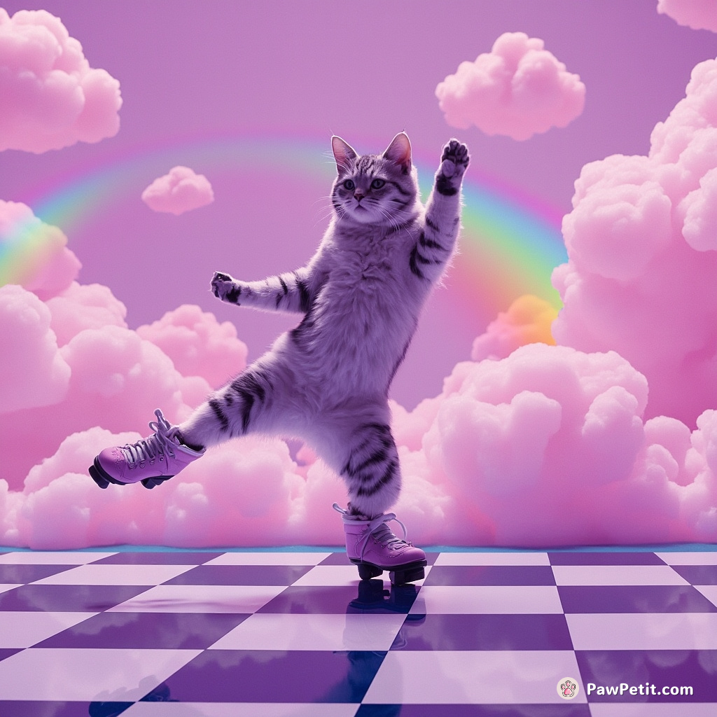 A cat tap-dancing atop a checkerboard floating in a gelatin lake under a mauve sky filled with striped rainbows.