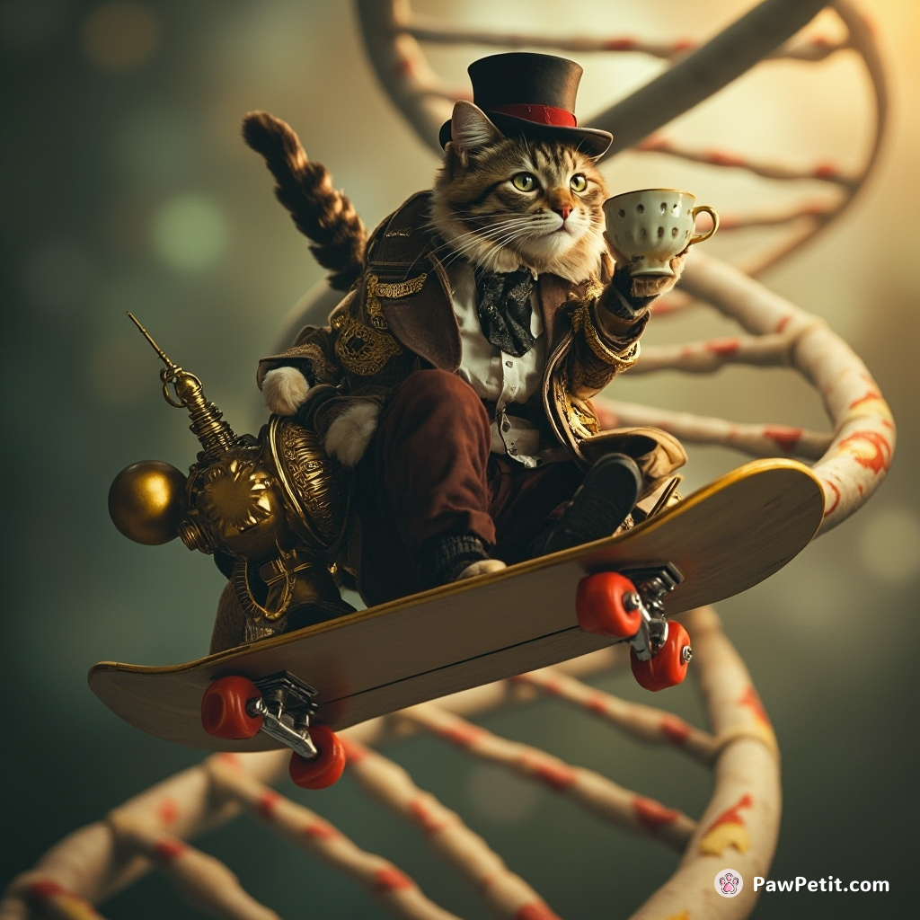 A cat in Victorian-era outfit, riding a steam-powered skateboard down an enormous DNA double helix structure, while sipping from an antique tea cup.