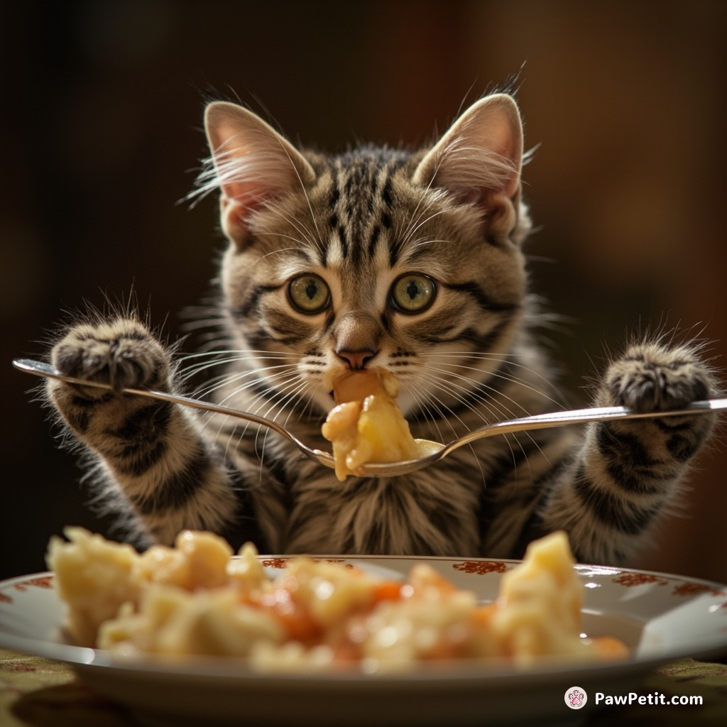 The cat meticulously mimics eating with polished silverware, intentionally slurping soup from a spoon with exaggerated precision.