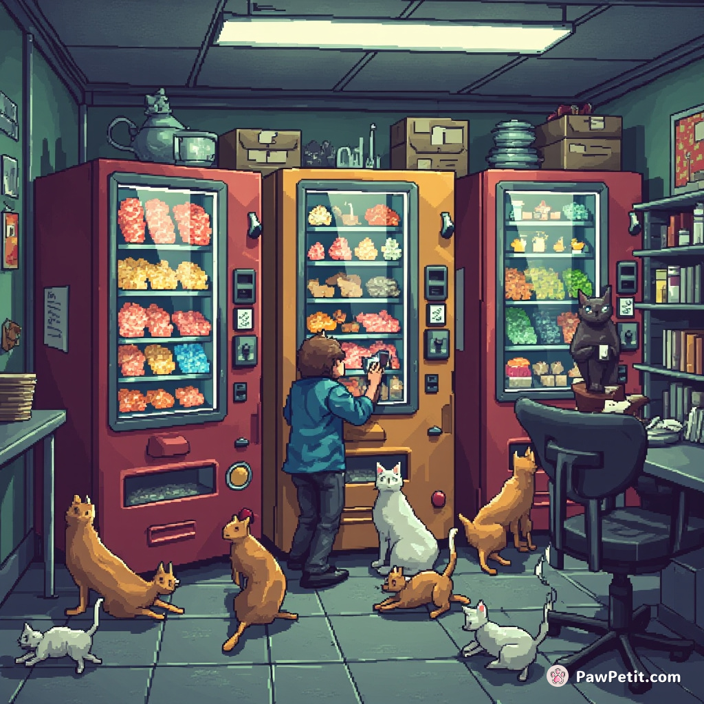 Cats, unnoticed, summoned masses with clandestine meows, triggering vending machines to dispense a feast in every office.