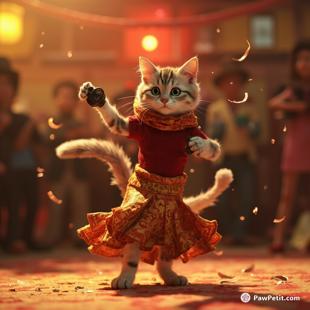 A cat practices salsa, convinced its tail spins can outshine human dancers at the local talent show.