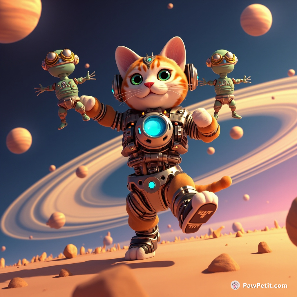 Steam-powered cyborg cat dancing a jig with miniature aliens on the rings of Saturn.