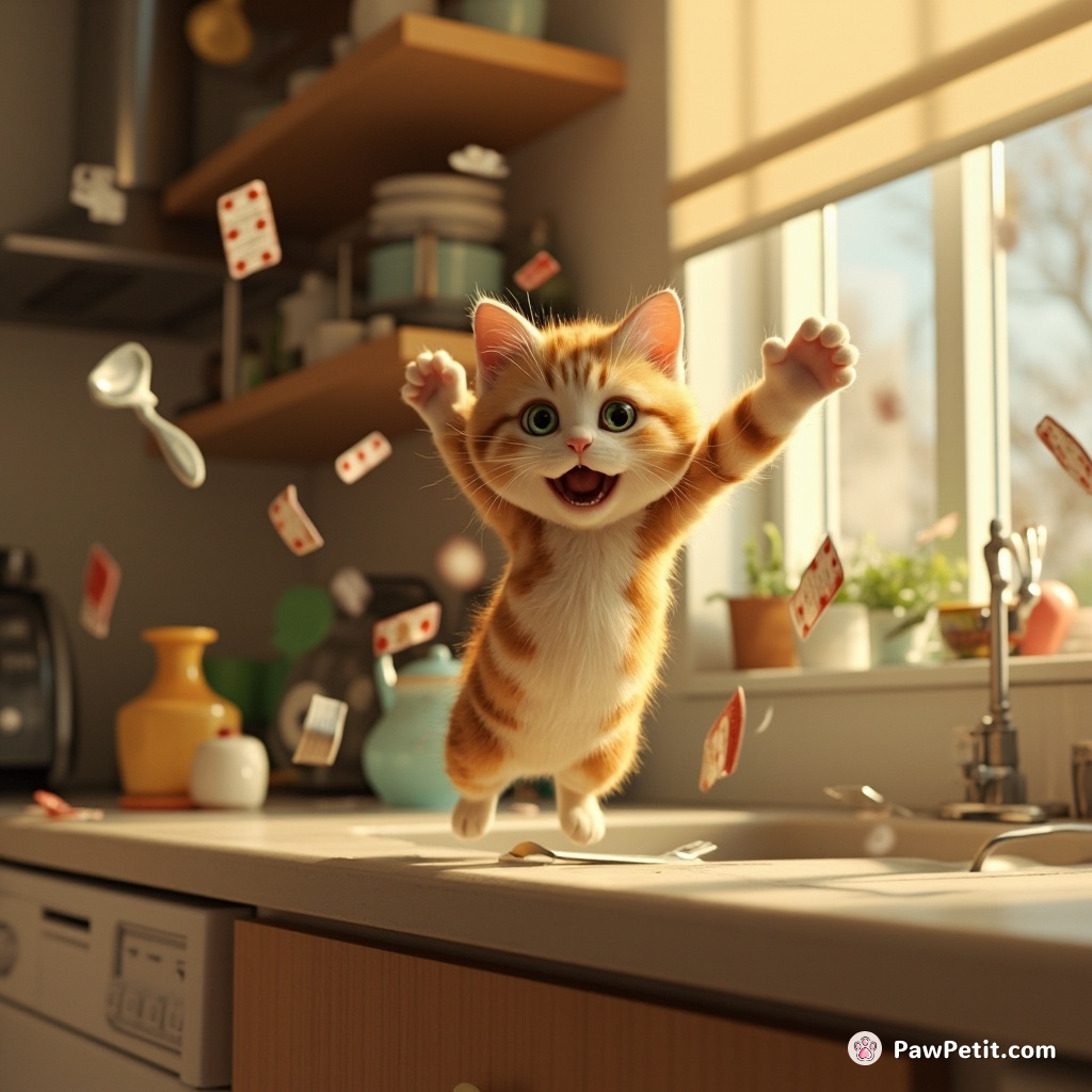 The cat, in panic, agilely leaps off the bustling kitchen counter, scattering utensils everywhere.