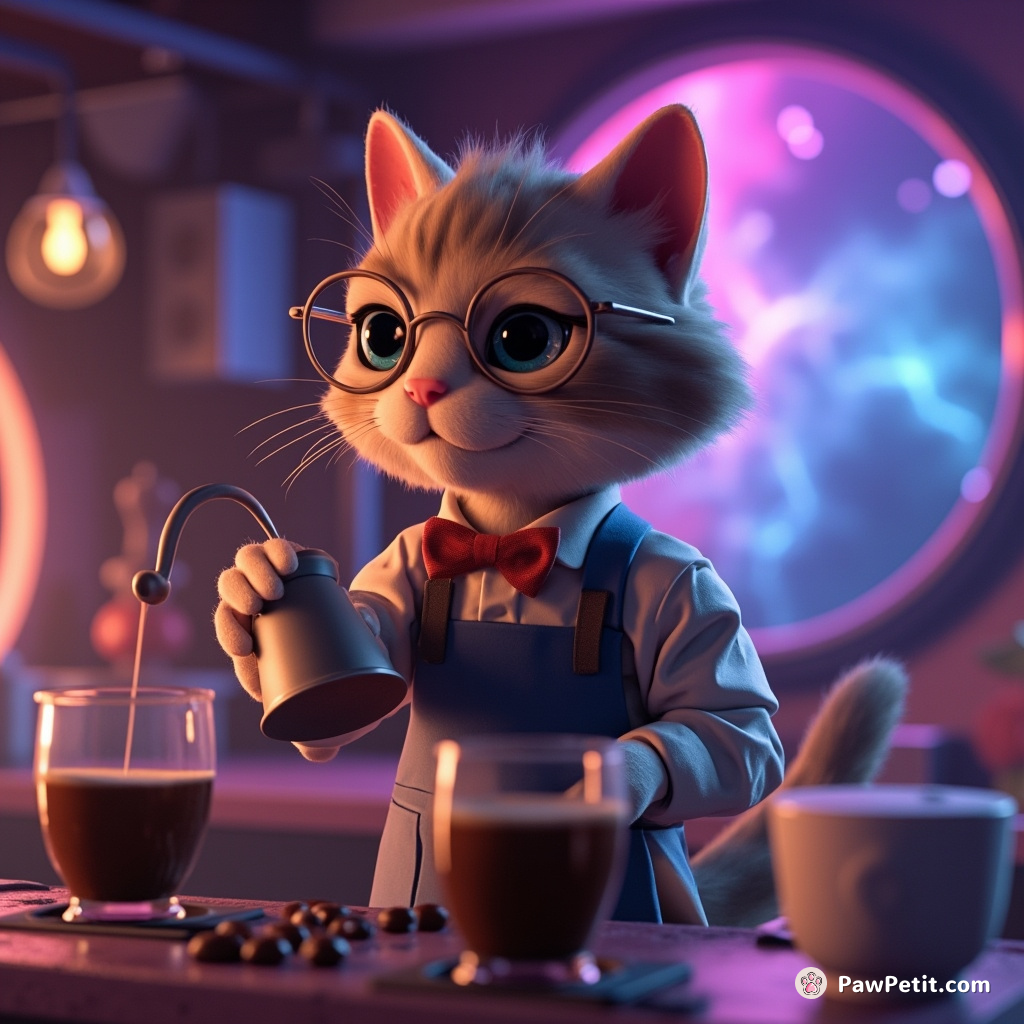 Feline barista brewing nebula coffee in a void cafe with microgravity.