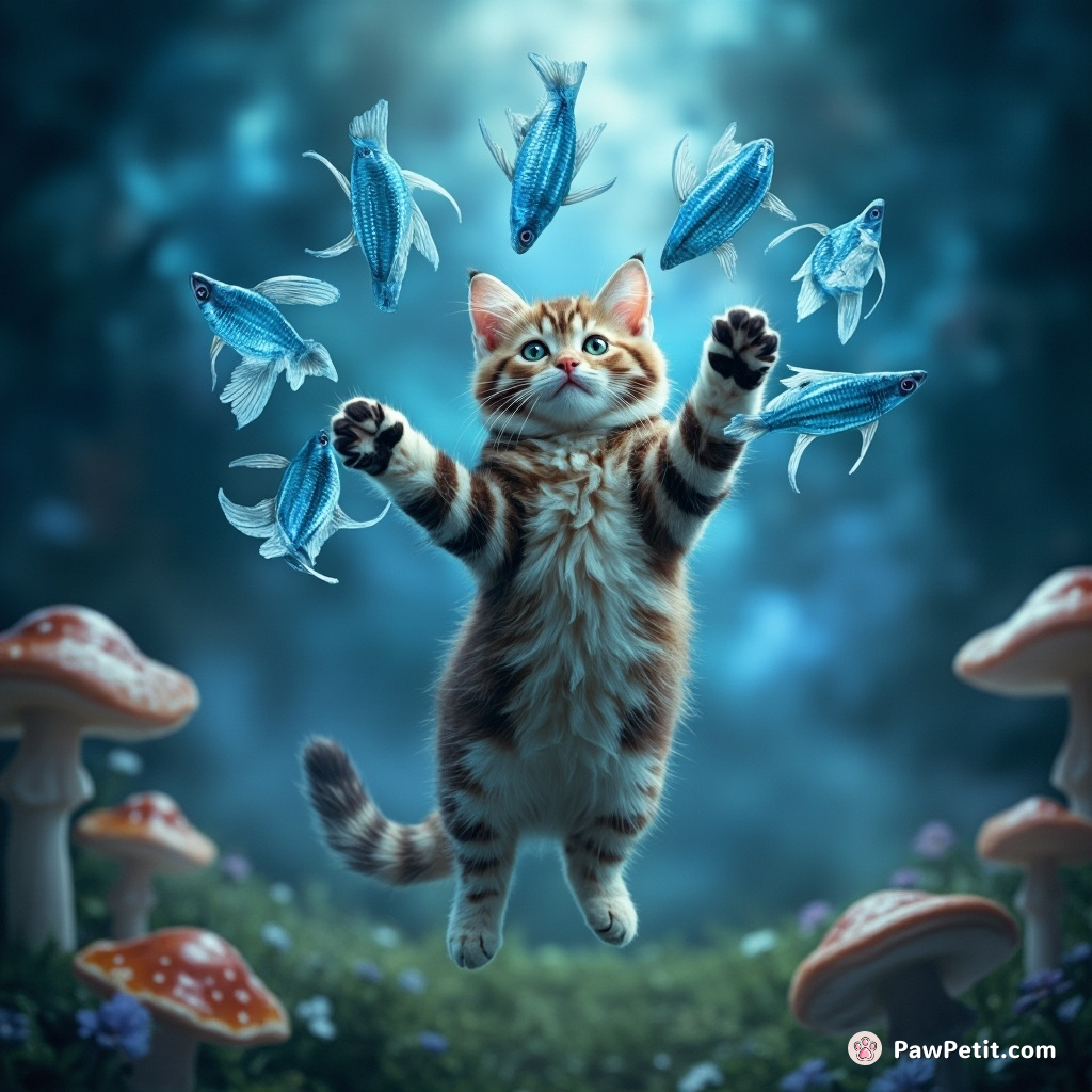 Floating cat juggling seven bluesy, translucent fish with its tails in a nebula forest teeming with crystal mushrooms.