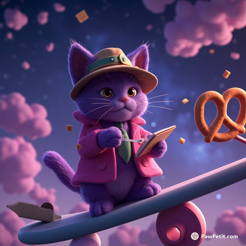 A purple, 50s-style detective cat piecing together a Milky Way crime with pretzel-bite clues on a bubblegum seesaw.
