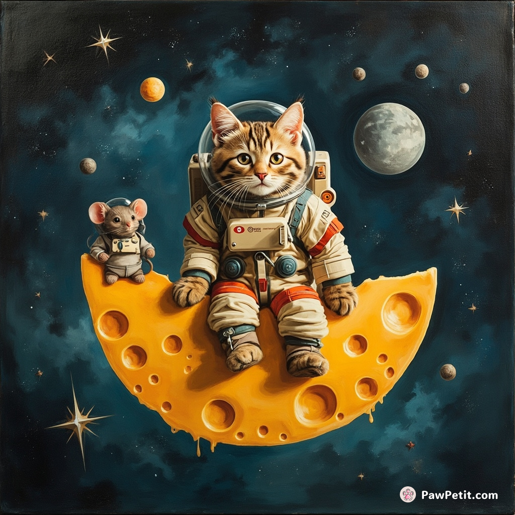 Cat in a space suit, floating on a slice of moon-shaped cheese in outer space, with an astronaut mouse.