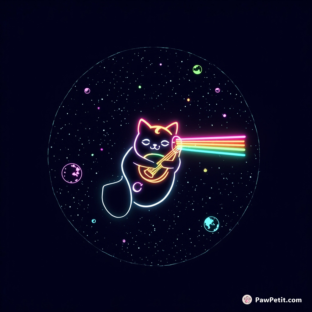 A neon cat playing a rainbow laser harp amidst floating asteroids in space.