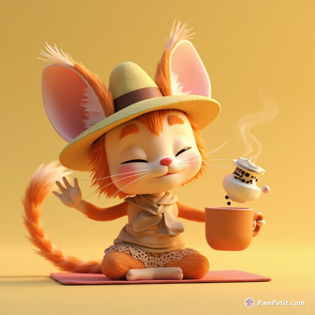 Whiskers dons a tiny hat, practices yoga, and attempts to brew coffee with its tail.