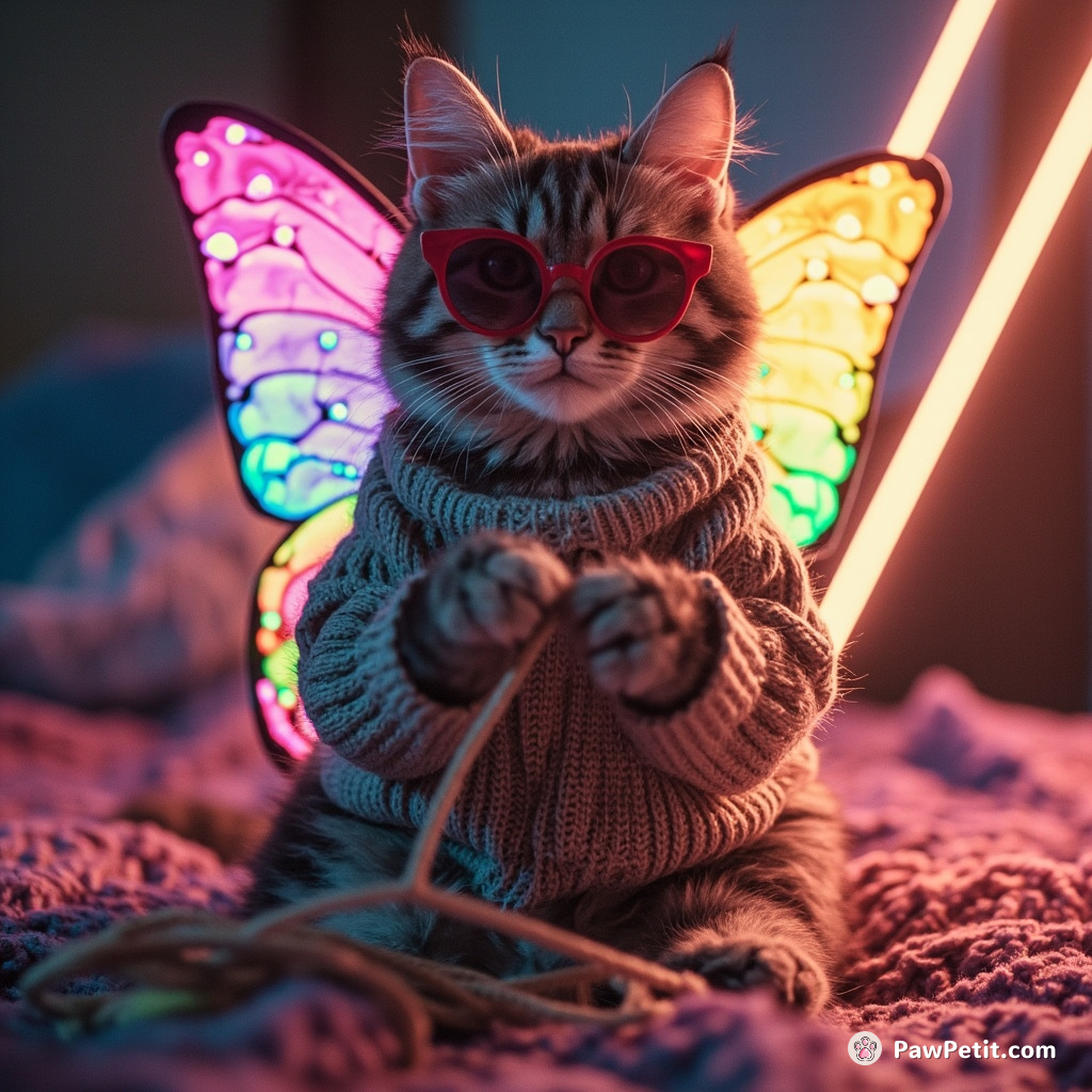 A cat with butterfly wings knitting a sweater out of rainbow-colored sunbeams.