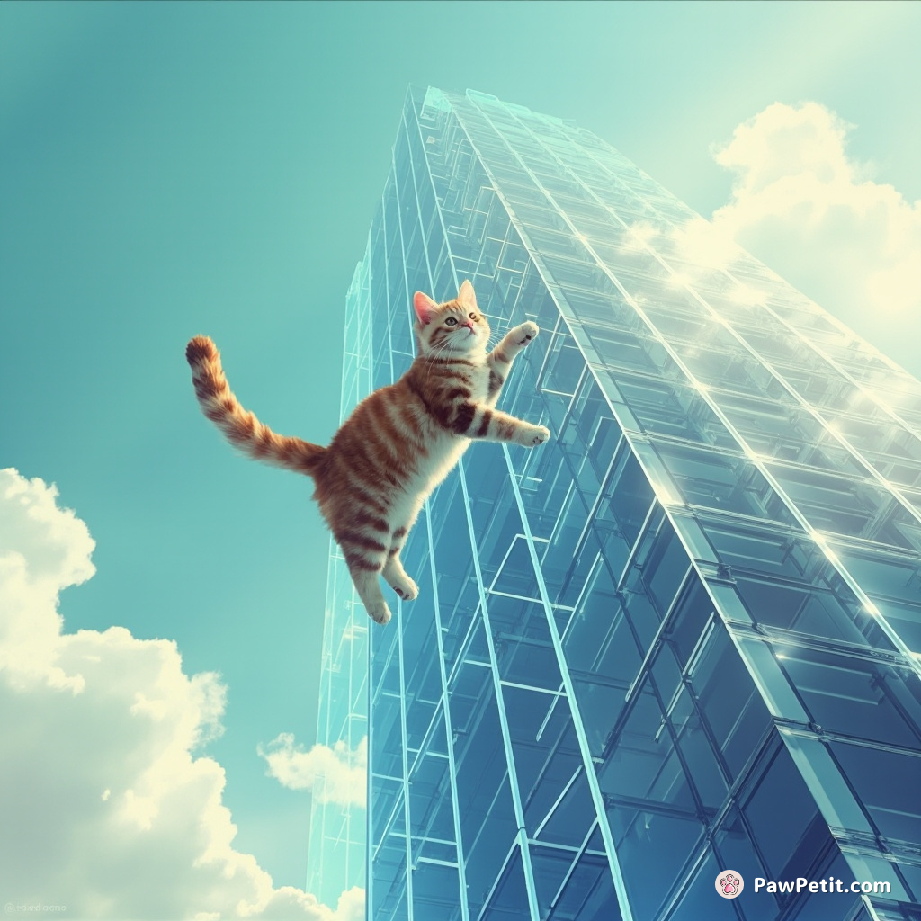 A cat scales a holographic skyscraper, its tail flicking through digital billboards, seeking the highest perch.
