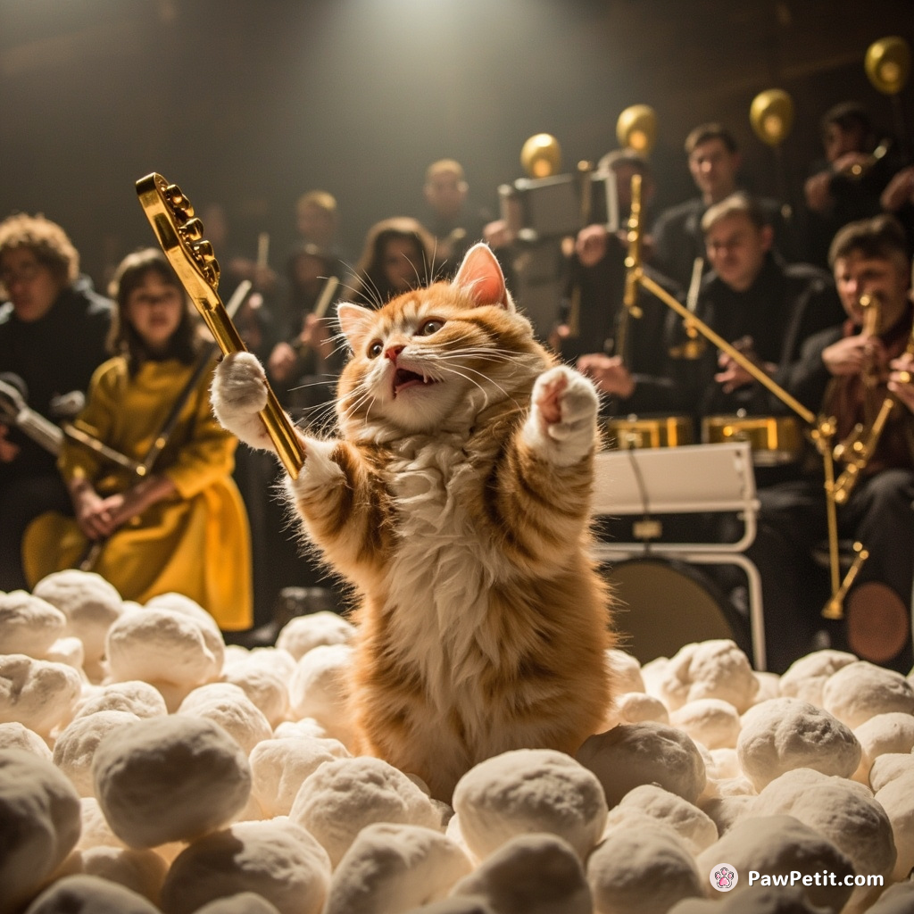 A neon-furred cat, rhythmically conducting an orchestra made entirely of household items on a stage of gigantic marshmallows.