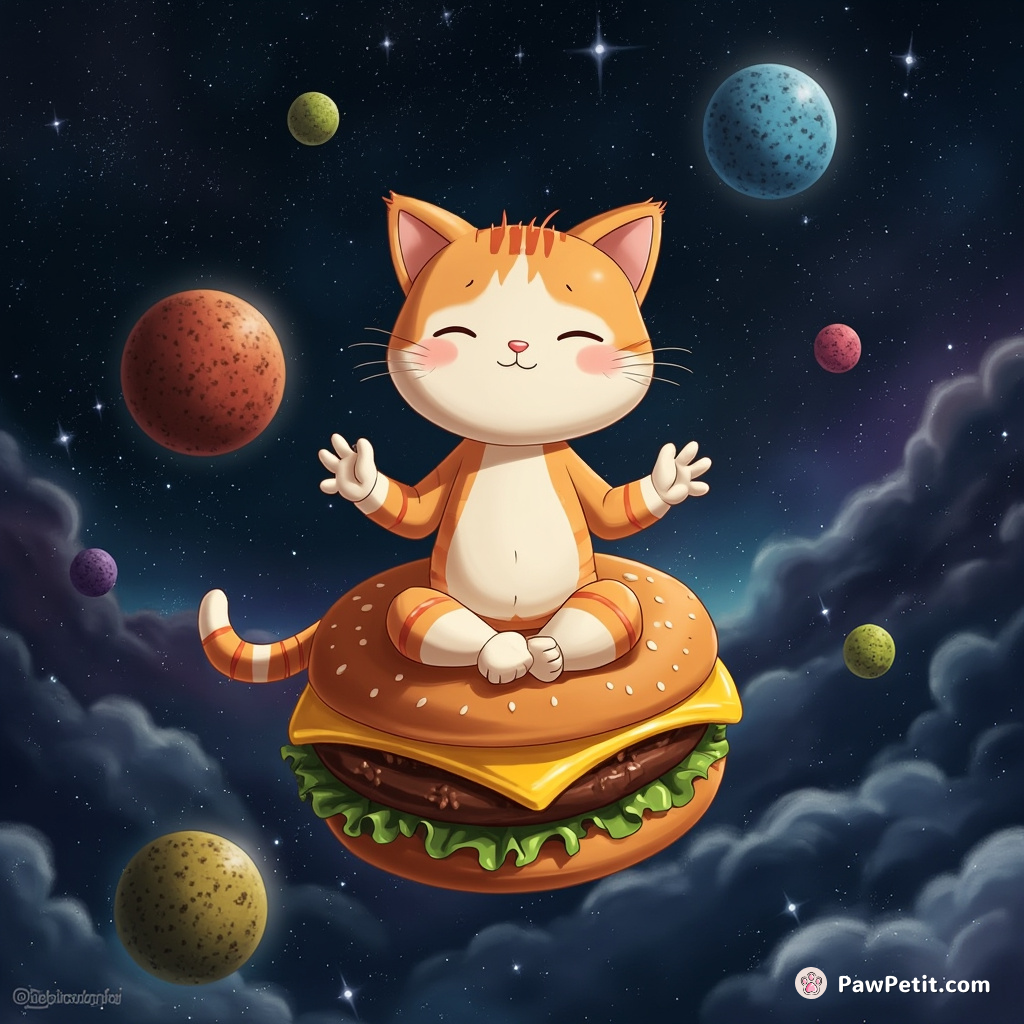 Cat meditating on a floating cheeseburger in outer space.