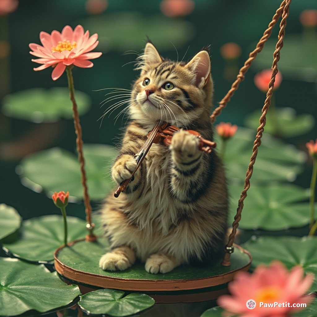 Cat conducting a microscopic orchestra on a swinging lily pad.