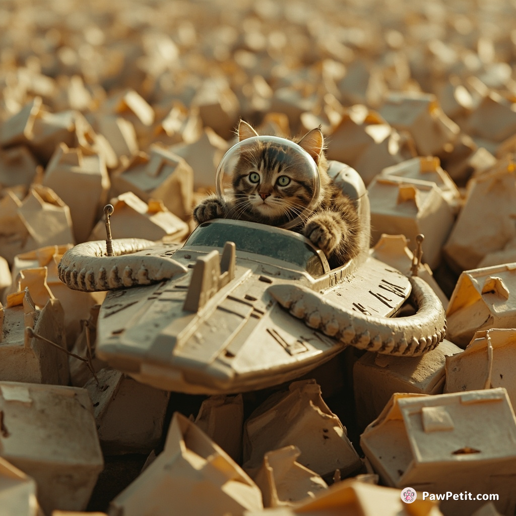A cat helming an octopus-shaped space cruiser, navigating through a field of corrugated milk cartons.