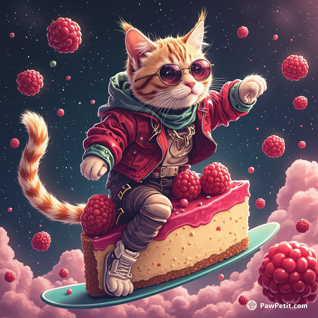 A punk rock cat surfing on a giant slice of raspberry cheesecake in outer space.