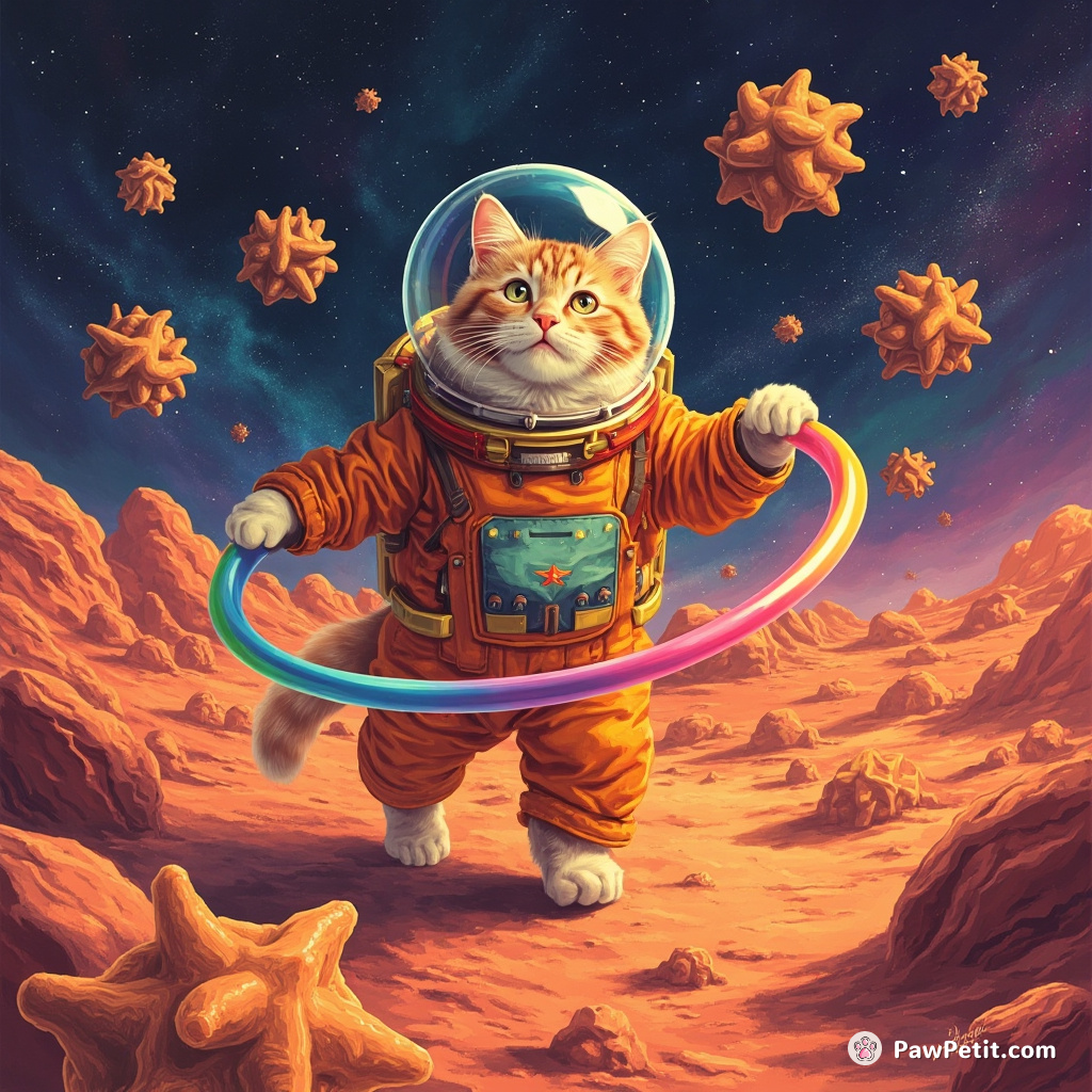 Cat hula-hooping on Mars wearing a rainbow spacesuit, surrounded by starfish-shaped asteroids.
