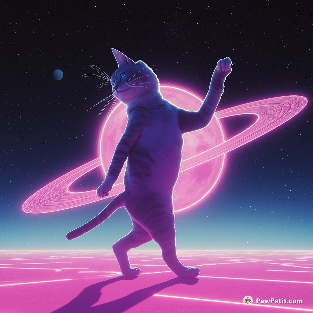 A giant cat moonwalking on Saturn's rings with luminous finishing lines.