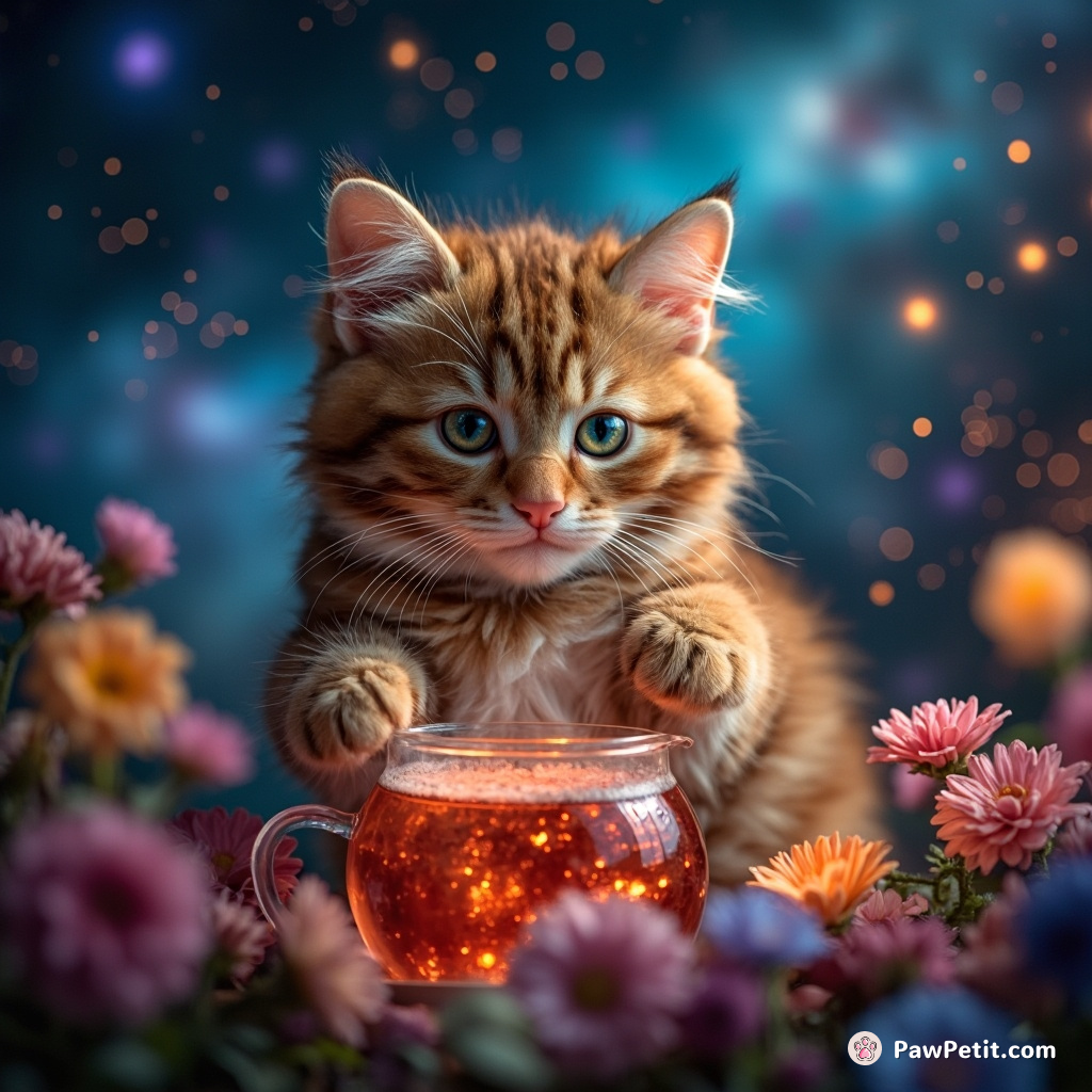A orange tabby cat brewing a cosmic tea using nebula flowers in his little interstellar garden surrounded by floating multicolored constellations.