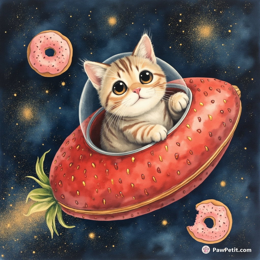 Cat piloting a strawberry-shaped spaceship through glittering doughnut galaxies.