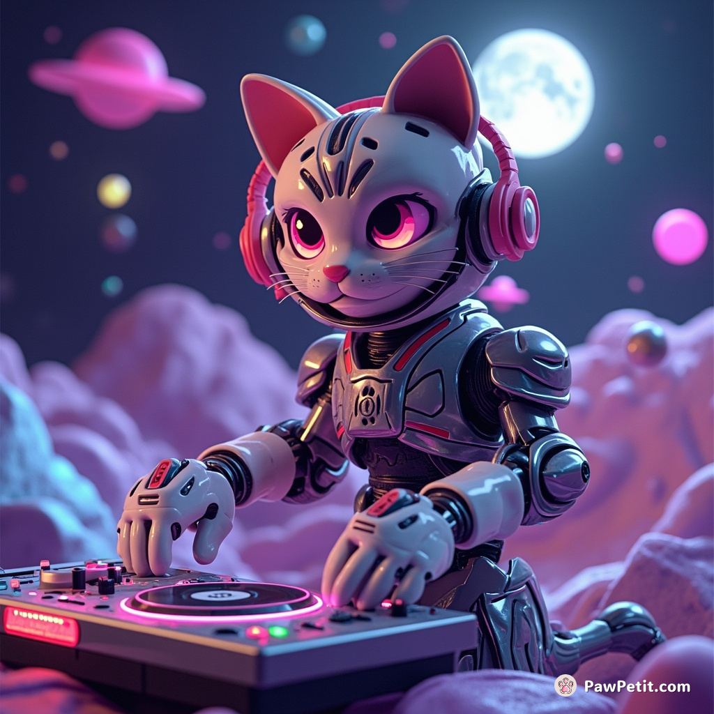 Cyborg cat DJing a techno rave party on the moon.