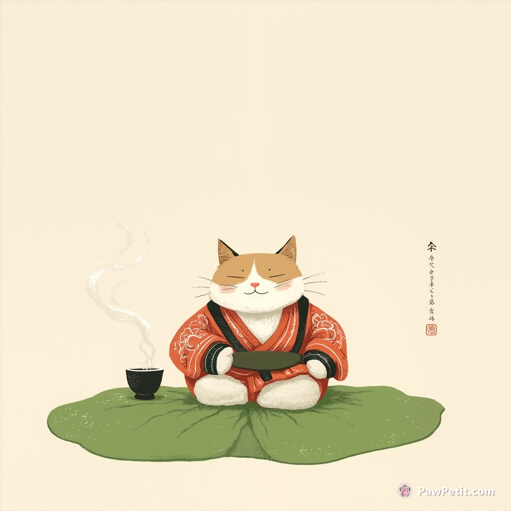 A cat in a sumo wrestler's outfit performing at a grand tea ceremony on a floating lotus leaf.