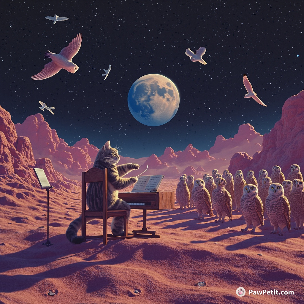 A cat conducting a symphony orchestra of owls, with the starlit desert serving as a surreal amphitheater.