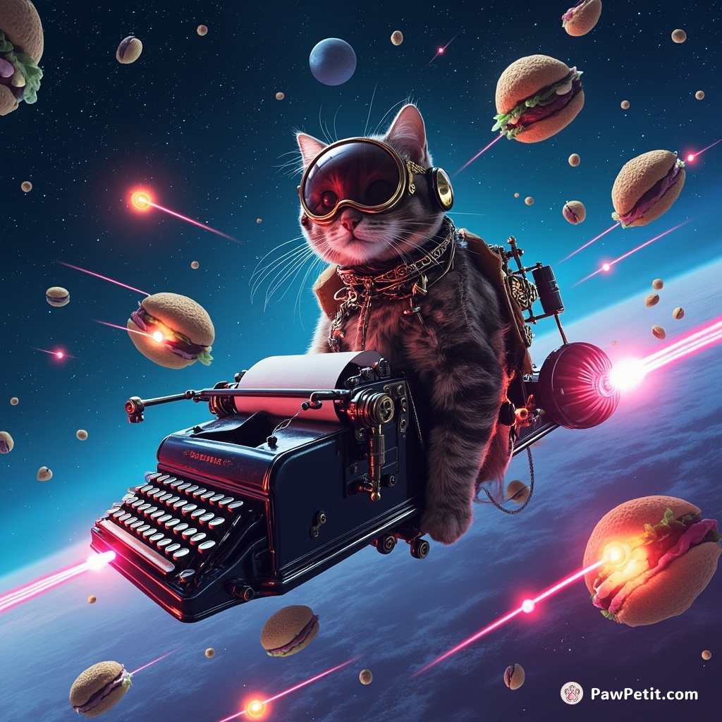A steampunk cat piloting a spaceship made of vintage typewriters, blasting cheeseburger-shaped asteroids under cobalt blue cosmic skies.