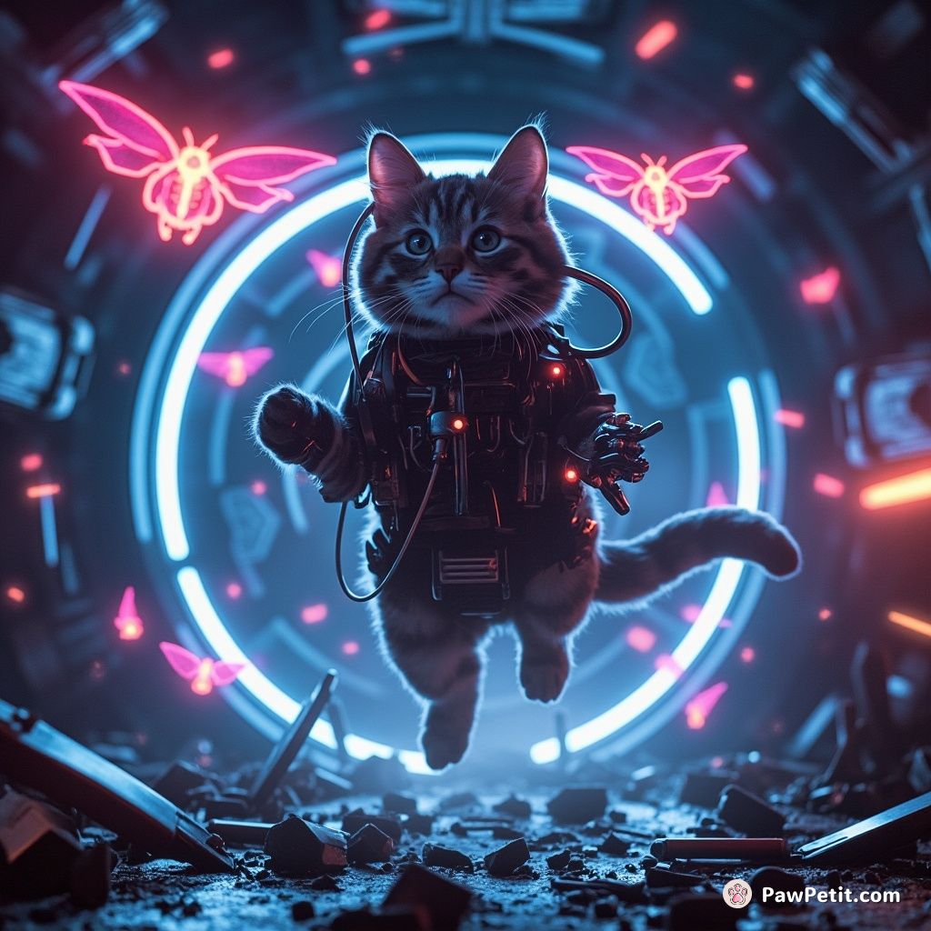 Cybernetic cat mid-leap through a derelict neon space station, chasing an iridescent cloud of cosmic moths.