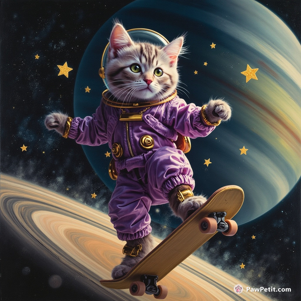 A purple cat wearing a vintage astronaut suit skateboarding down the rings of Saturn, throwing glittering stars for balance.