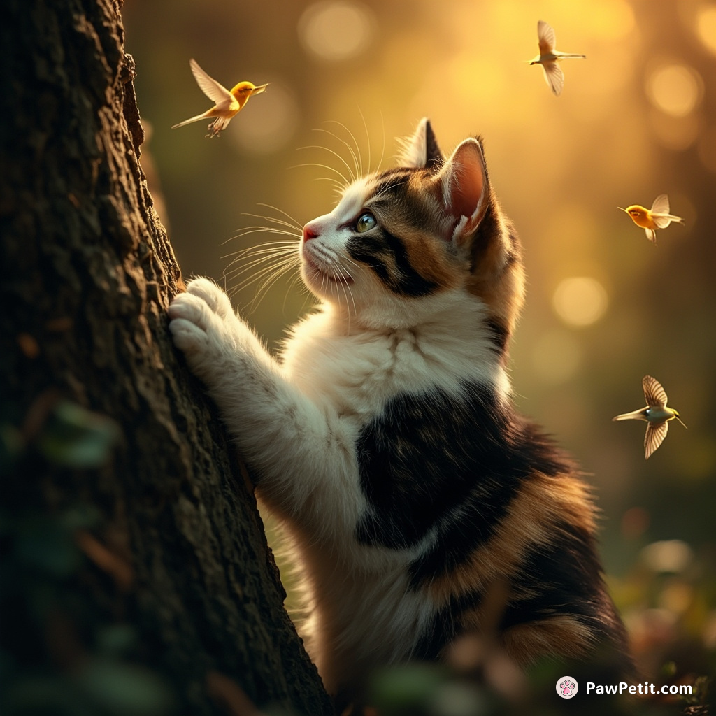 The calico cat, bewitched by chirping melodies, delicately taps a tree trunk as if playing a piano concerto.