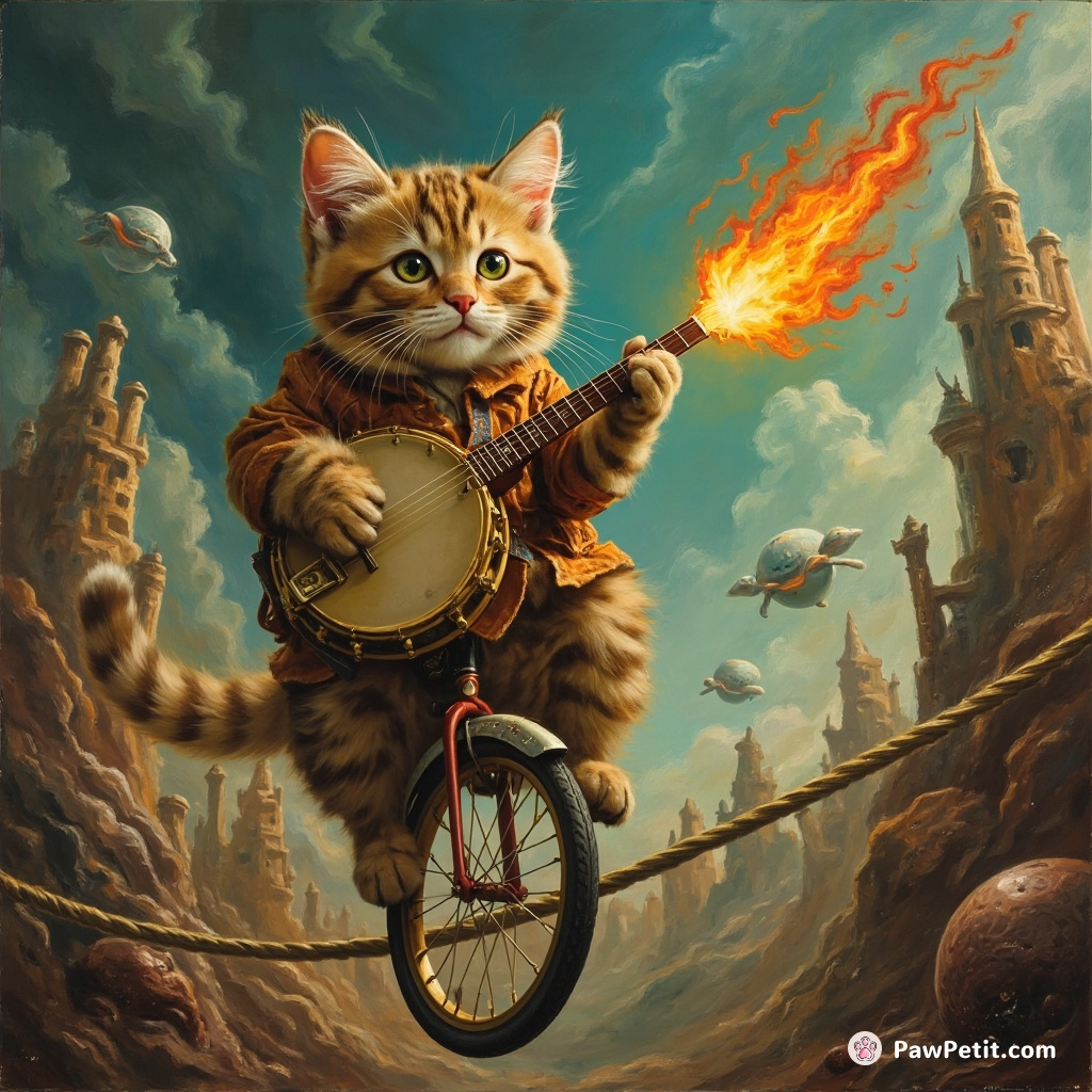 A cat playing a flaming banjo while riding a unicycle on a tightrope strung above an alien cityscape.