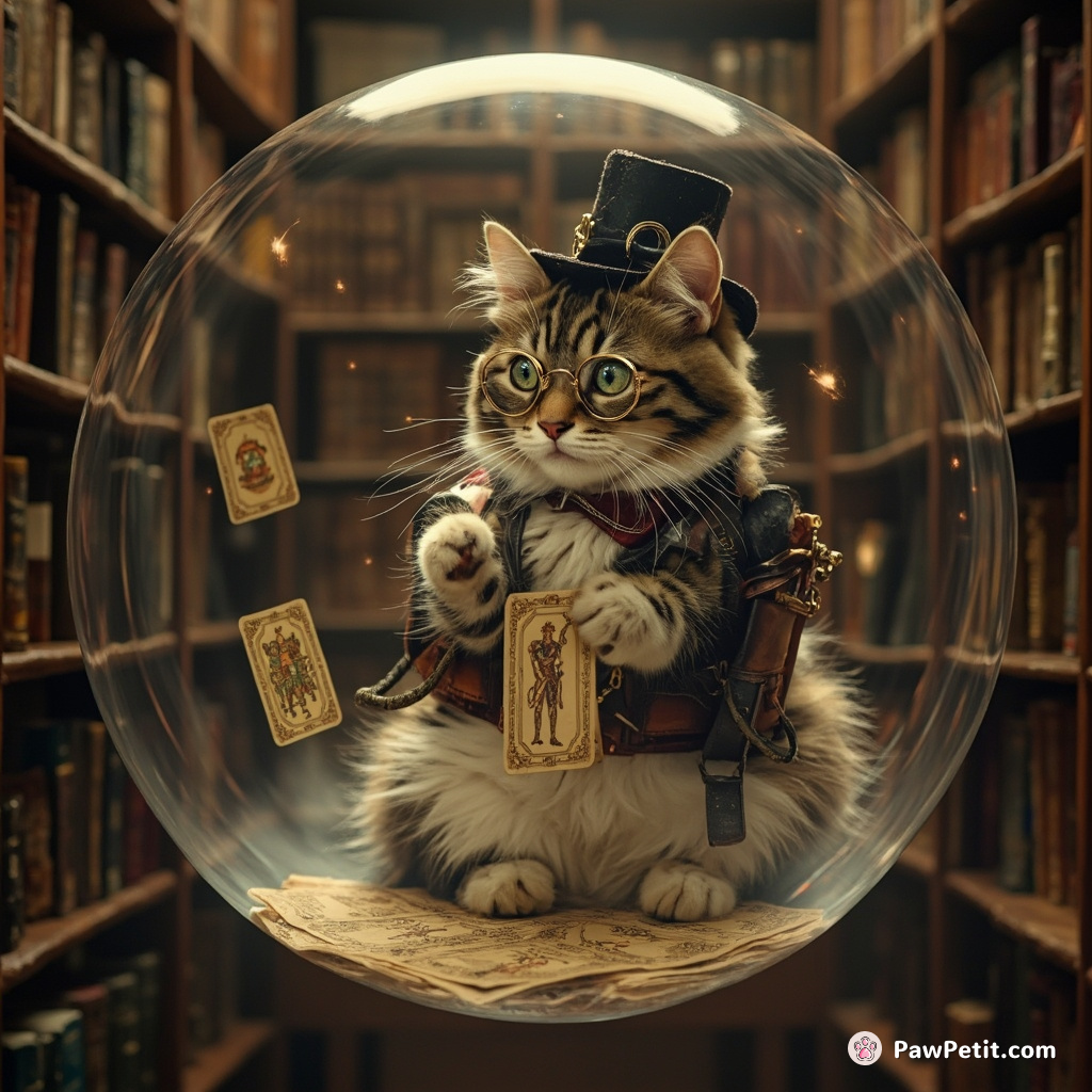 Steampunk cat shuffling tarot cards in an ancient library, floating in a magical bubble.