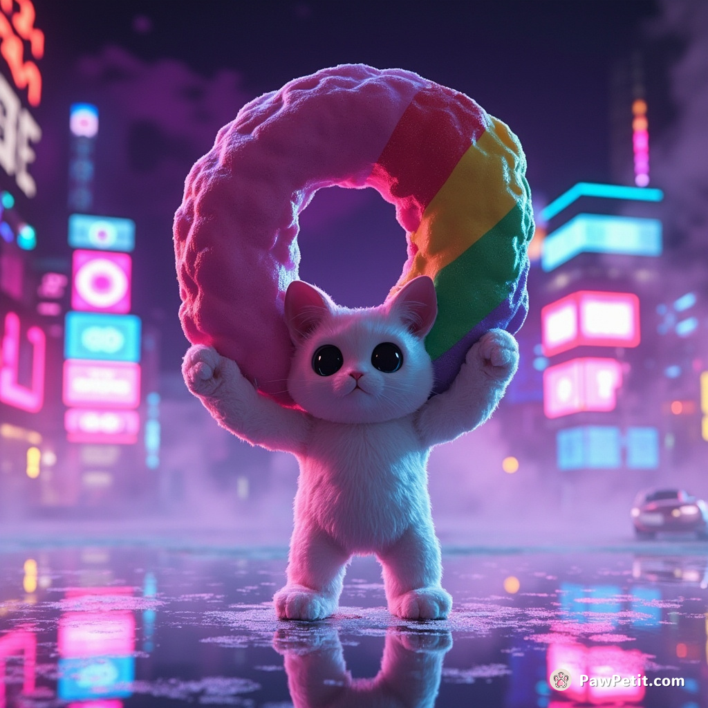 Cat frozen in a Herculean pose, lifting a giant, rainbow-glazed donut against a neon silhouette of Tokyo shrouded in 80s synthwave aesthetics.