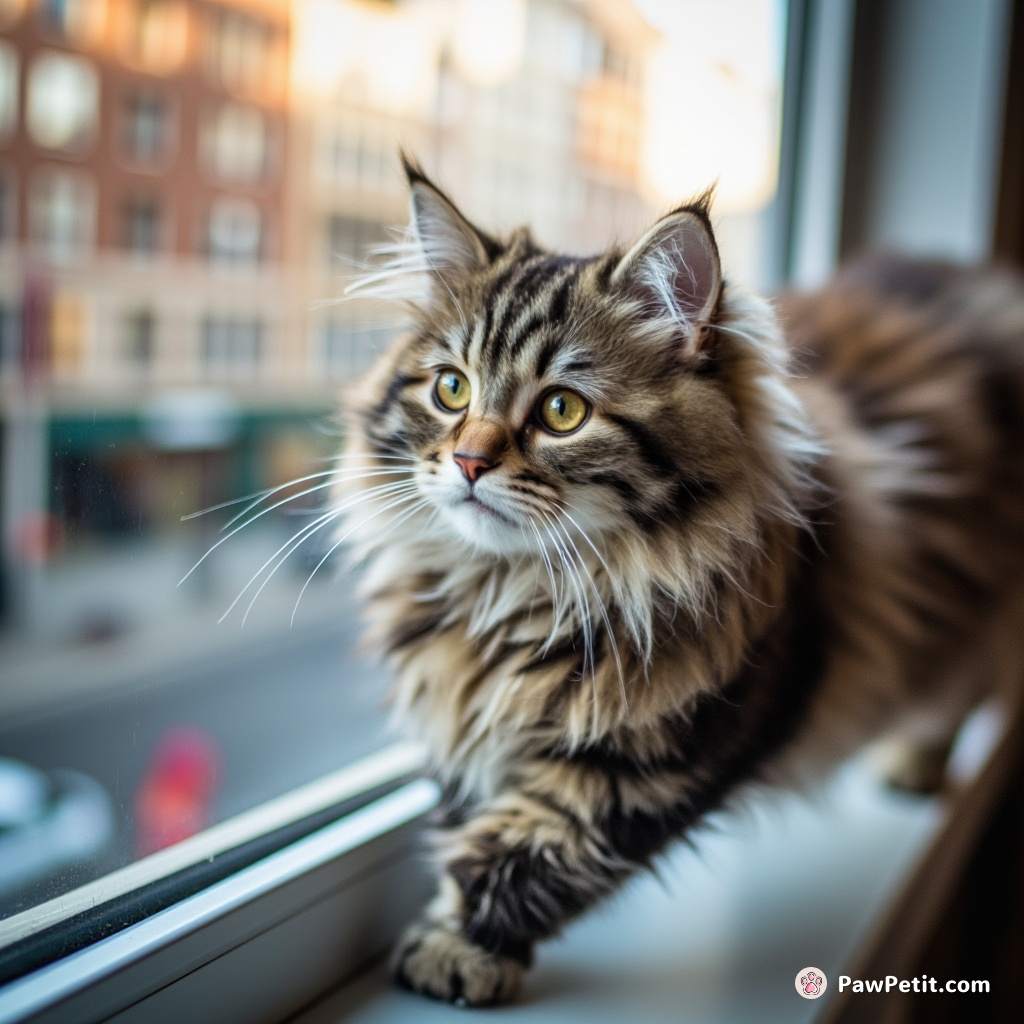 Cat leaps gracefully onto a windowsill, peering out with wide eyes at the bustling world beyond.