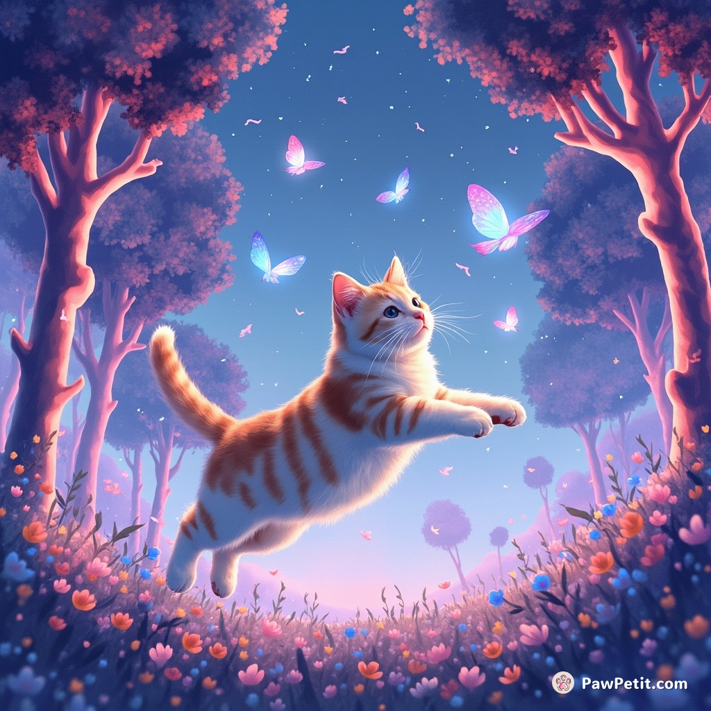 Leaping through neon trees, the cat chases shimmering digital butterflies across the virtual landscape.