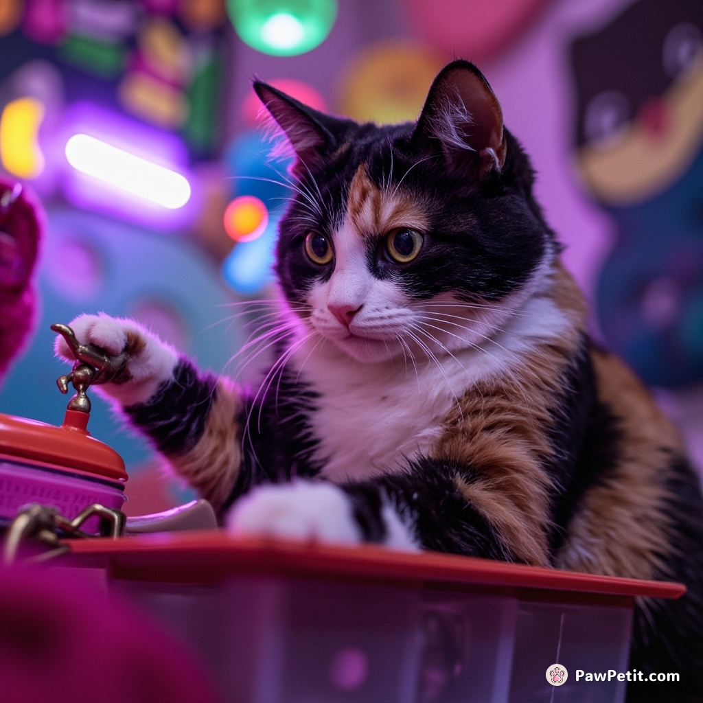 With deft precision, the calico cat, Zeta, spun alien-made toggles on an inter-dimensional yarn-ball maker.