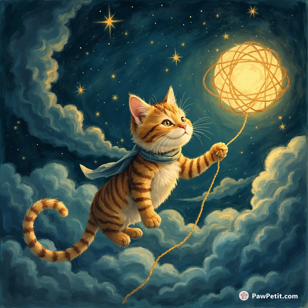 Whiskers the cat scales the moonlit sky to retrieve the golden yarn of dreams, purring triumphantly.