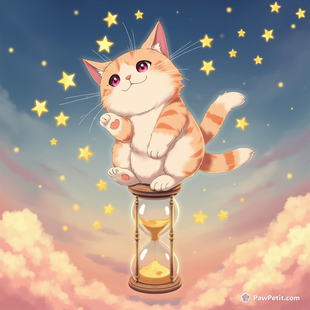A dawn-sky-colored cat balancing on a floating hourglass, juggling twinkling stars, with rosy clouds for whiskers and the moon cresting at its feet.