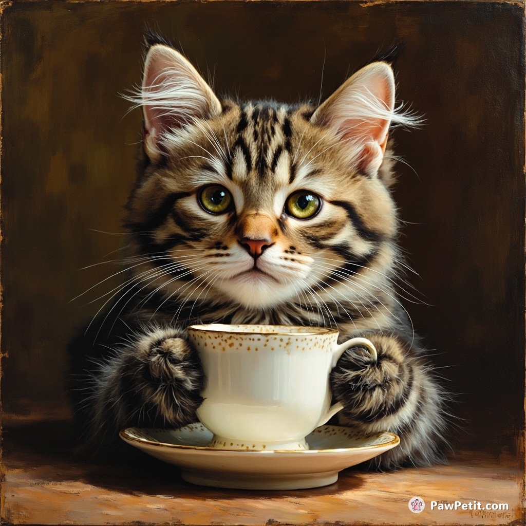 The cat, with a stern face, carefully lifts the teacup using its tiny paws pretending to sip like a human.