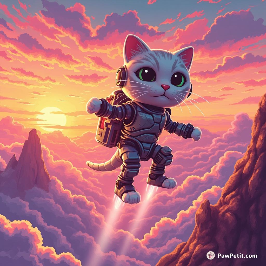 Cyborg cat jetpacking over a Jurassic landscape during cotton candy sunset.
