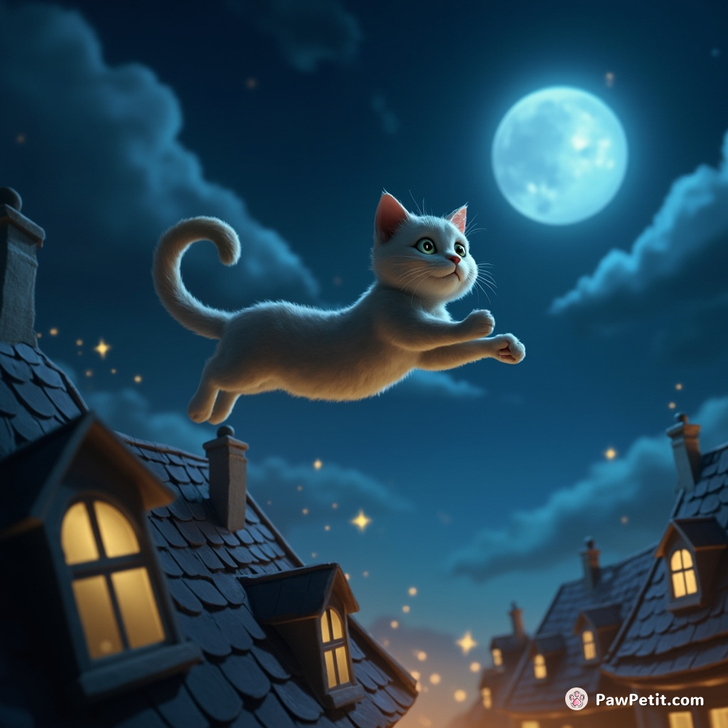 The cat gracefully leaps across the moonlit rooftops, chasing the elusive Star of Whimsy.