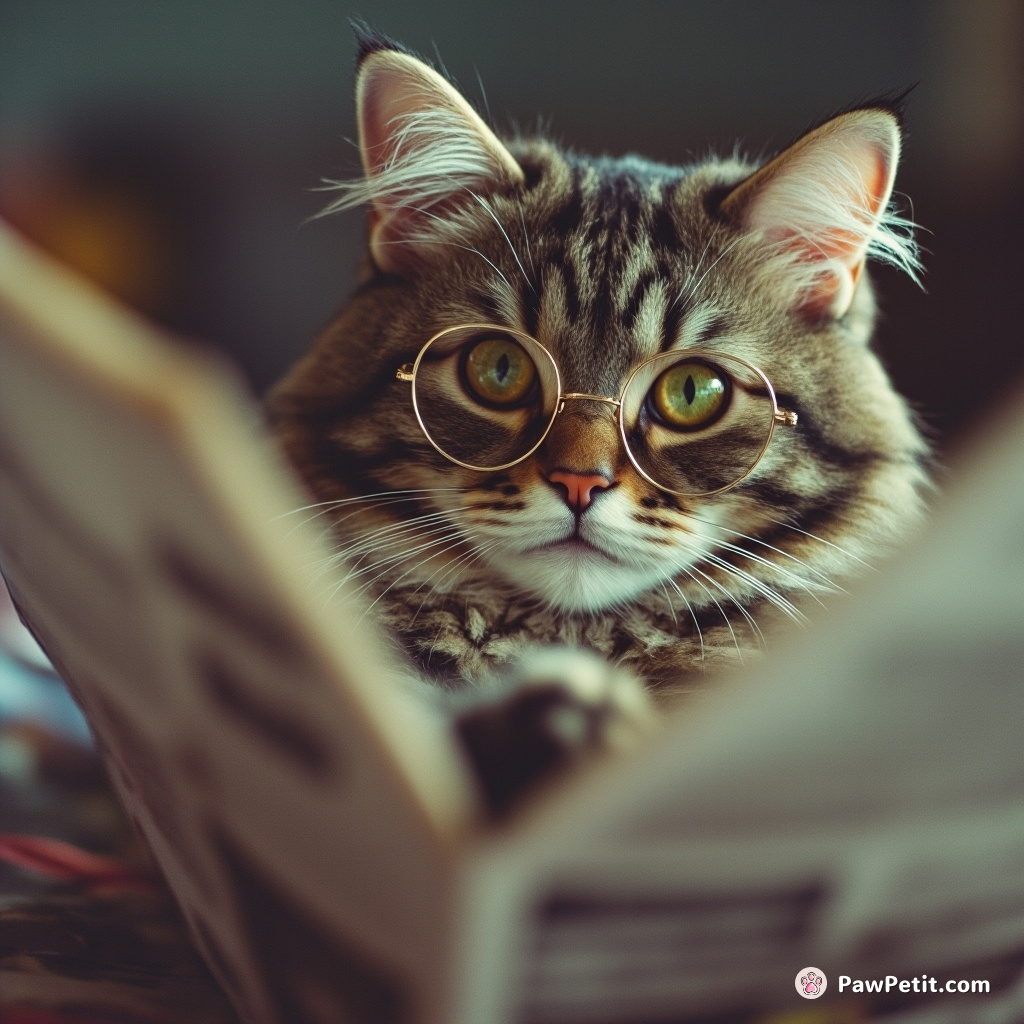 Cat comically dons tiny spectacles, paws through a newspaper, purring with feigned interest in human affairs.