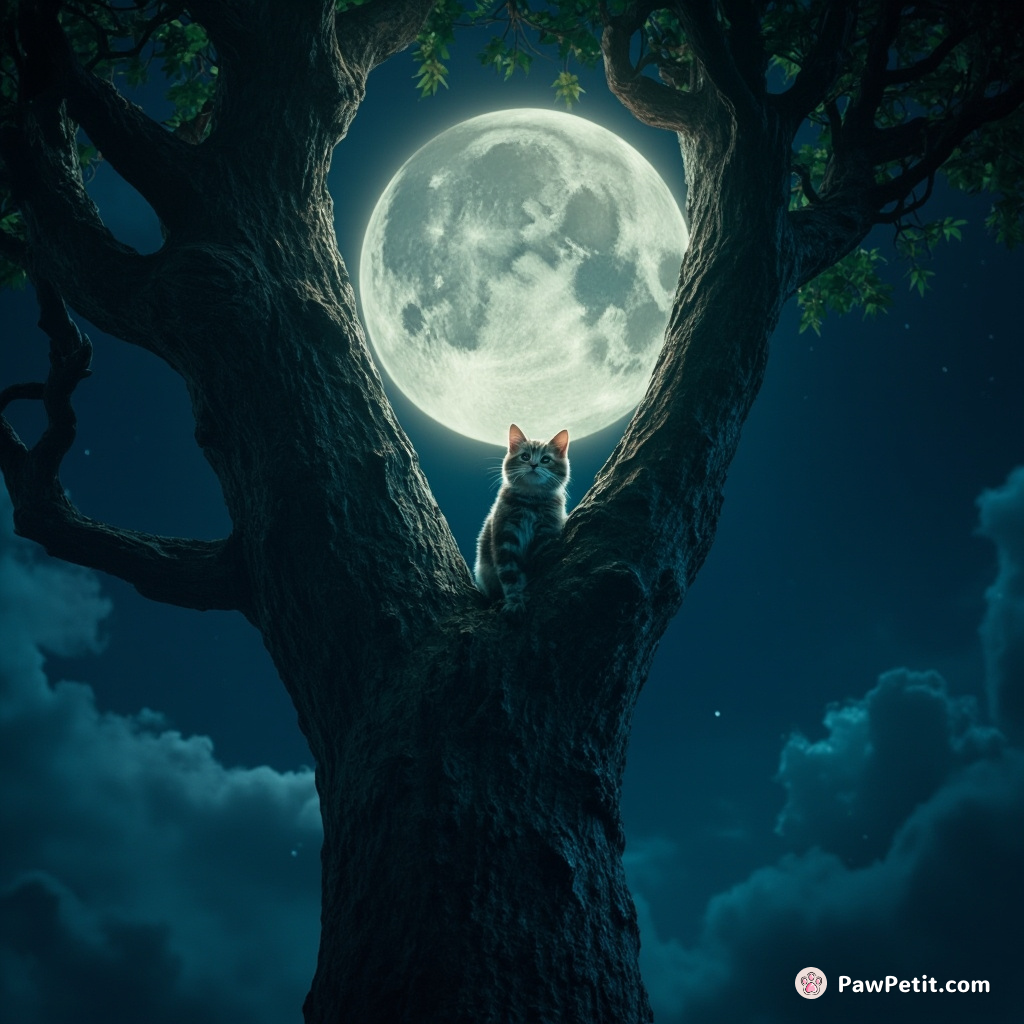 Cat king climbs tallest tree to retrieve moon, reshaping night for kingdom.