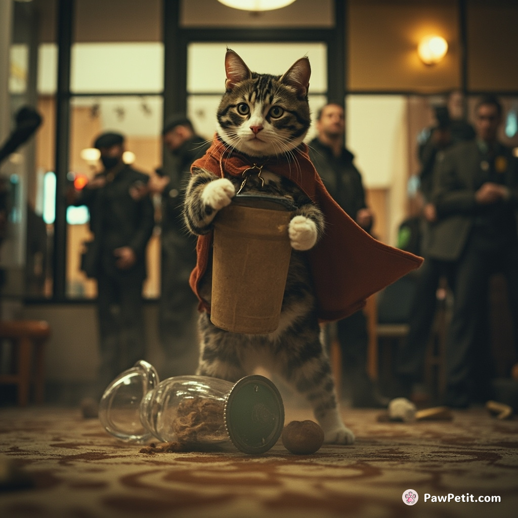 A cat accidentally foils a bank robbery by knocking over a vase, becoming a human hero overnight.