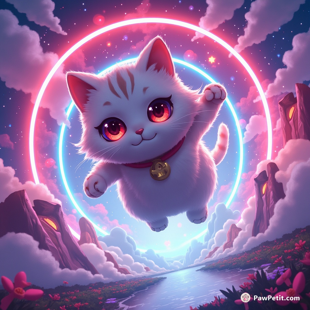 The digital cat leaps through neon portals, exploring boundless virtual landscapes.